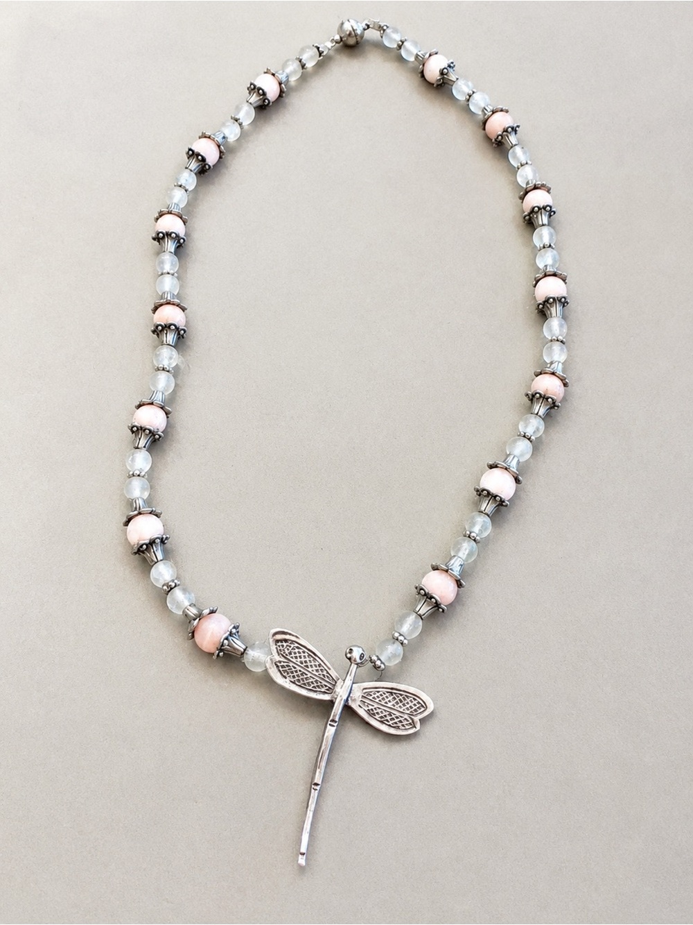 Handcrafted Rose Quartz Dragonfly Pendant Beaded Necklace - Pink and Gray